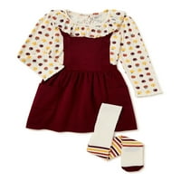 Wonder Nation Pinafore haljina za djevojčice, gornji dio dugih rukava i Set Hulahopki, veličine-5T