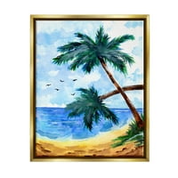 Tropska Plaža Palme Ptice Leti Obalnog Slikarstva Metalik Zlato Uokvirena Art Print Zid Art