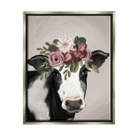 Floral Farm Cow Pink Blooms Životinje I Insekti Grafička Umjetnost Sjaj Siva Uokvirena Umjetnost Print Wall