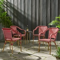 Baton aluminijumske i pletene vanjske Francuske Bistro stolice, Set od 4, crvene, bijele i drvene štampe