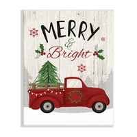 Stupell Indtries Merry & Bright Phrase Red Truck Holiday Forest, 15, dizajn Louise Allen Designs