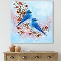 Designart 'Dvije Plave Ptice Zimi Sjede Na Grani S Bobicama' Tradicionalni Umjetnički Print Na Zidu Od Platna