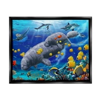 Stupell Industries Manatees i riba Plivanje Primorski slikarstvo Crna ploča Framed Art Print Wall Art