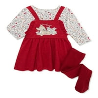 Disney Bambi Baby Girls Pinafore haljina, Top sa dugim rukavima i hulahopkama Set, 3-komad, veličine 0 3-mjeseci
