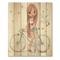 Designart' mlada žena sa biciklom ' Dječiji umjetnički Print na prirodnom borovom drvetu