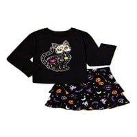 Djevojke Halloween Dugi Rukav Crna Mačka Tee & Slojevita Suknja, 2-Dijelni Komplet Odjeće, Veličine 4-18