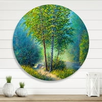 Designart 'tri živahna Zelena stabla pored rijeke' Lake House Circle metalni zid Art-disk od 23