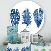 Designart 'Tropical Leaves In Classic Blue' Tropical Circle Metal Wall Art-disk of 11