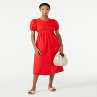 Scoop ženska midi haljina sa mašnom sa puf rukavima