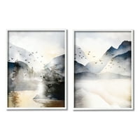 Stupell osunčane ptice nad jezerskim pejzažnim pejzažnim slikarstvom Bijelo uokvireno umjetnički Print zidna Umjetnost, Set od 2 komada
