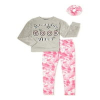 Pink Velvet djevojke udoban rukav modni džemper i štampani ukusan helanke Set sa odgovarajućim Scrunchie, 2 komada, veličine 4-12