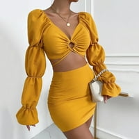 Ljetna haljina za žene Žuti poliesterijski ženski majica s dugim rukavima V izrez Dvije odjeće Mini Bodycon suknja haljina l