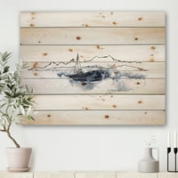 Designart 'minimalistički morski pejzaž s brodom i crnim planinama' Nautički i obalni otisak na prirodnom borovom drvetu