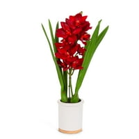 Gerson visok pravi dodir Ultra-realističan Red Cymbidium Orchid aranžman u modernom bijelom keramičkom i