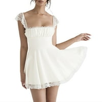 Ženske saten čipkaste haljine Square Clocky Closety A-Line rufff kratke haljine bijeli s