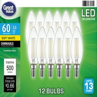 LED sijalica velike vrijednosti, 5. Watts B Deco Lampa E Baza, Zatamnjiva, Meka Bijela, 12 Pakovanja,Bistra