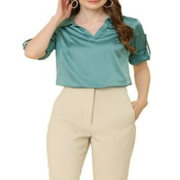 Unique Bargains ženski V-izrez Dugi rukav sa satenskom radnom košuljom bluza